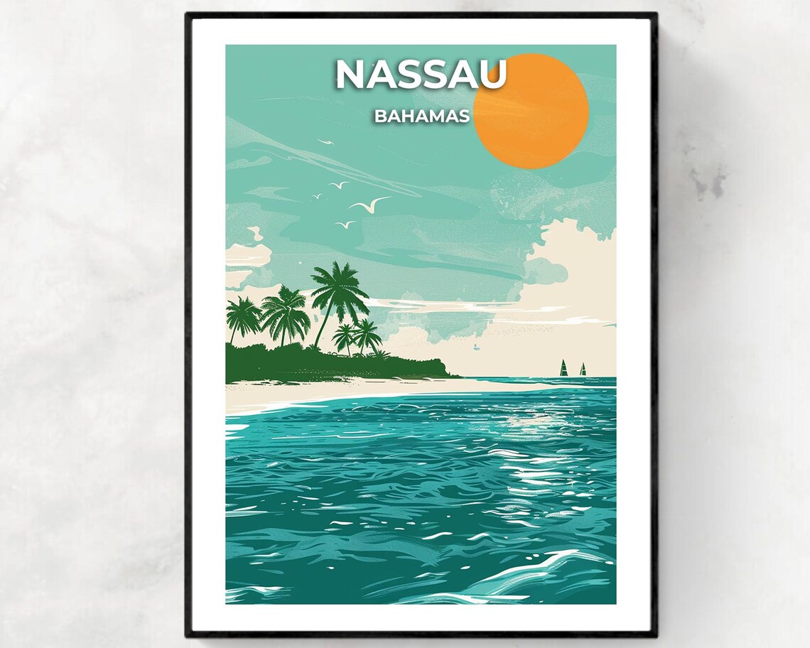 Nassau Bahamas Turquoise Sea and Palm Island Illustrated Travel Poster