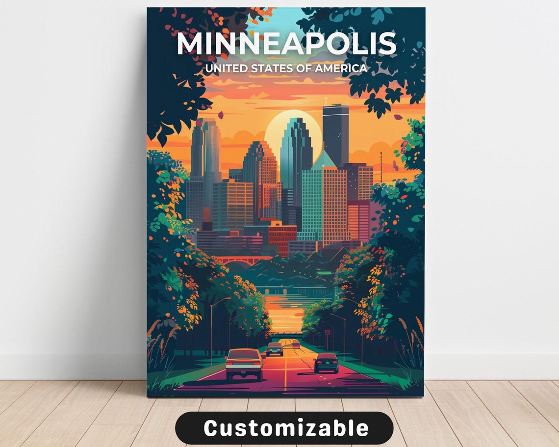 Retro Minneapolis USA Skyline Dusk Vintage City Travel Poster