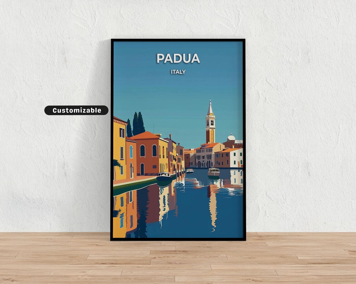 Padua Italy Travel Poster Canal Boats and Bell Tower Custom Art