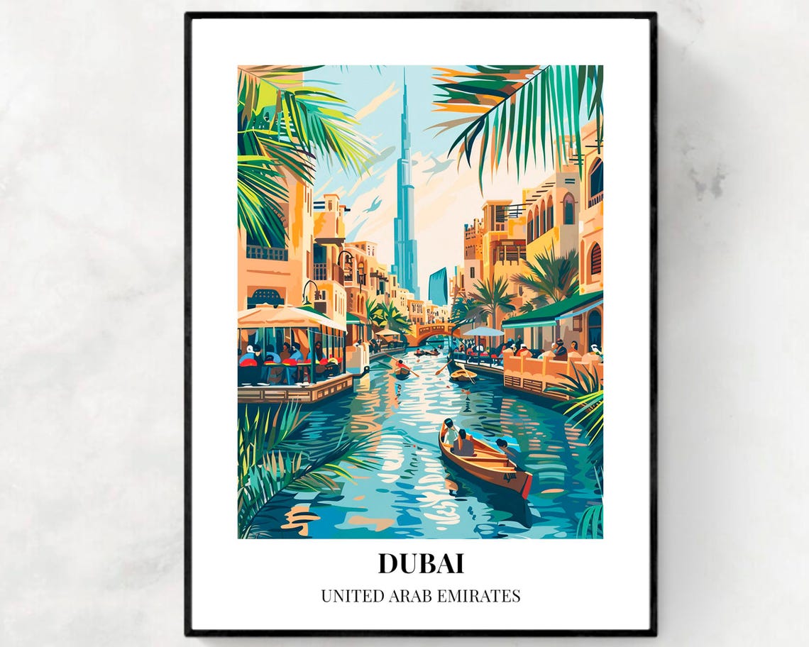 Dubai UAE Burj Khalifa Old Souk Creek Boats Daytime Travel Poster