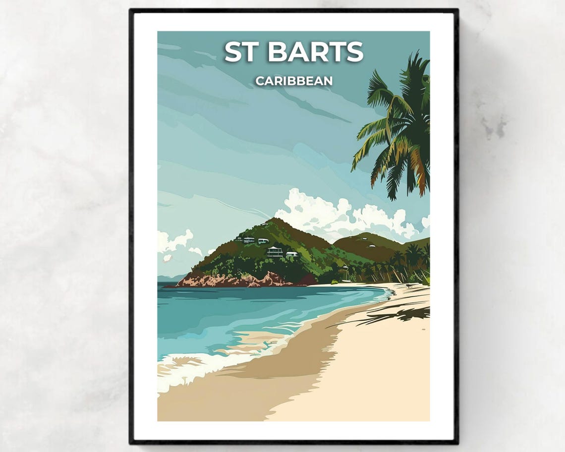 St Barts Caribbean Curved Beach Bay Hillside Villas Tropical Poster