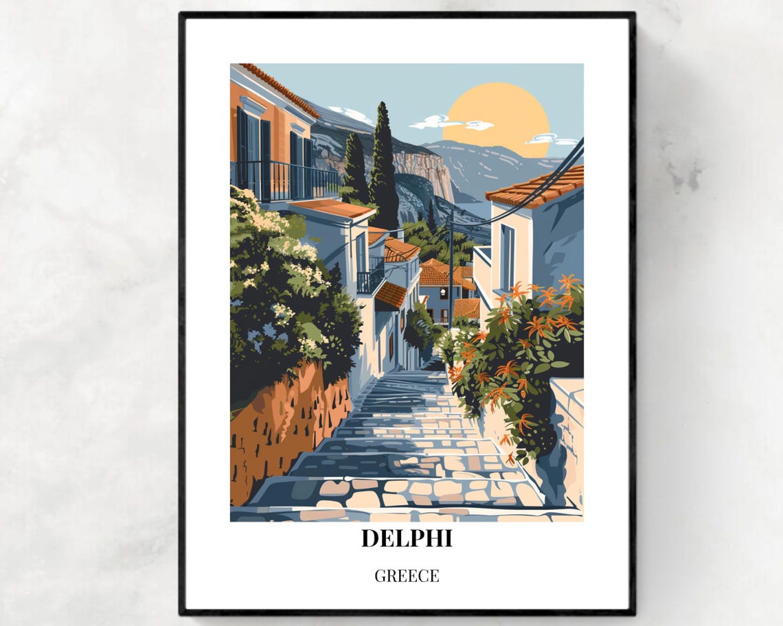 Delphi Greece Ancient Village Stairs and Mountains Travel Poster