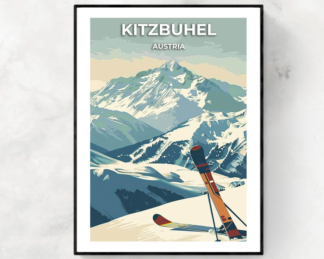 Kitzbuhel Austria Skis Resting Against Snowy Mountain Panorama Poster