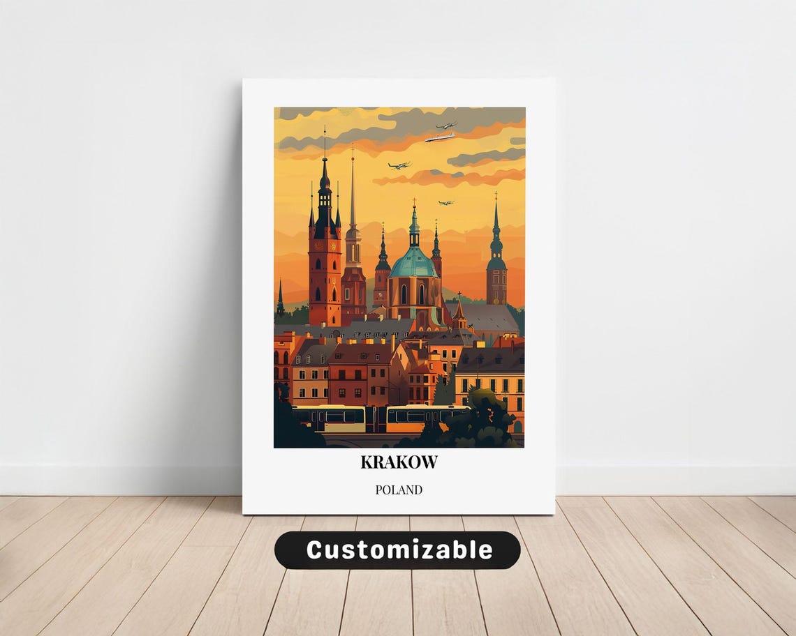 Krakow Poland Travel Poster St Marys Basilica Sunset Skyline Artwork