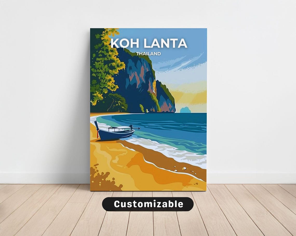 Koh Lanta Thailand Beach Longtail Boat Vintage Travel Poster