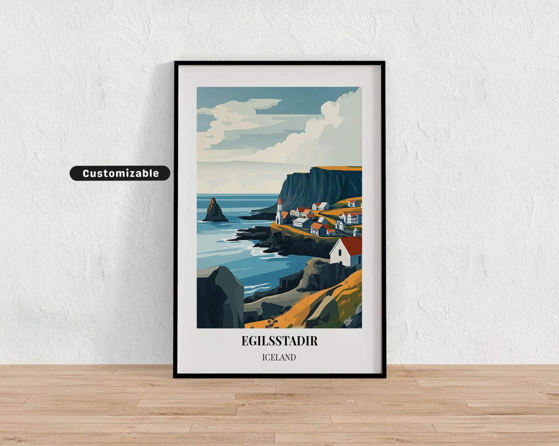 Egilsstadir Iceland Coastal Cliffs Church Vintage Travel Poster