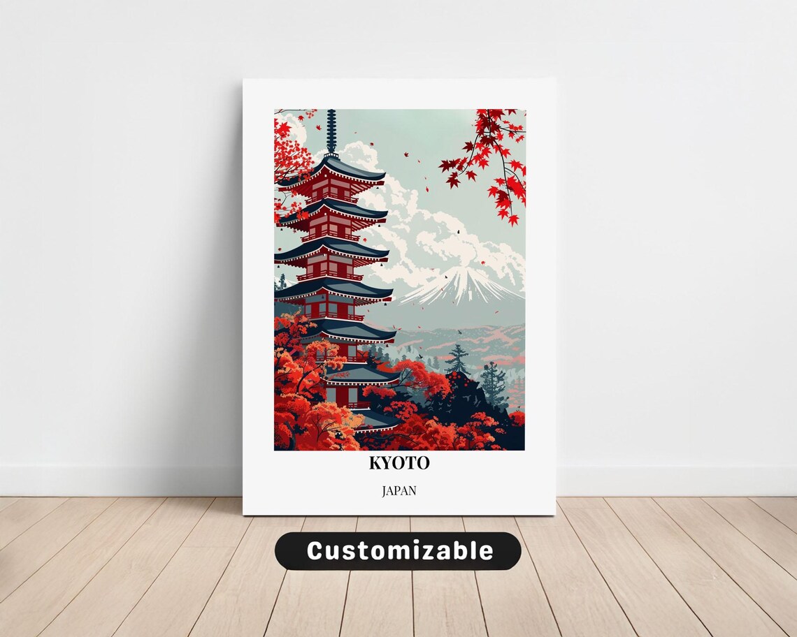Kyoto Japan Autumn Maple Pagoda Mount Fuji Fall Travel Art Poster