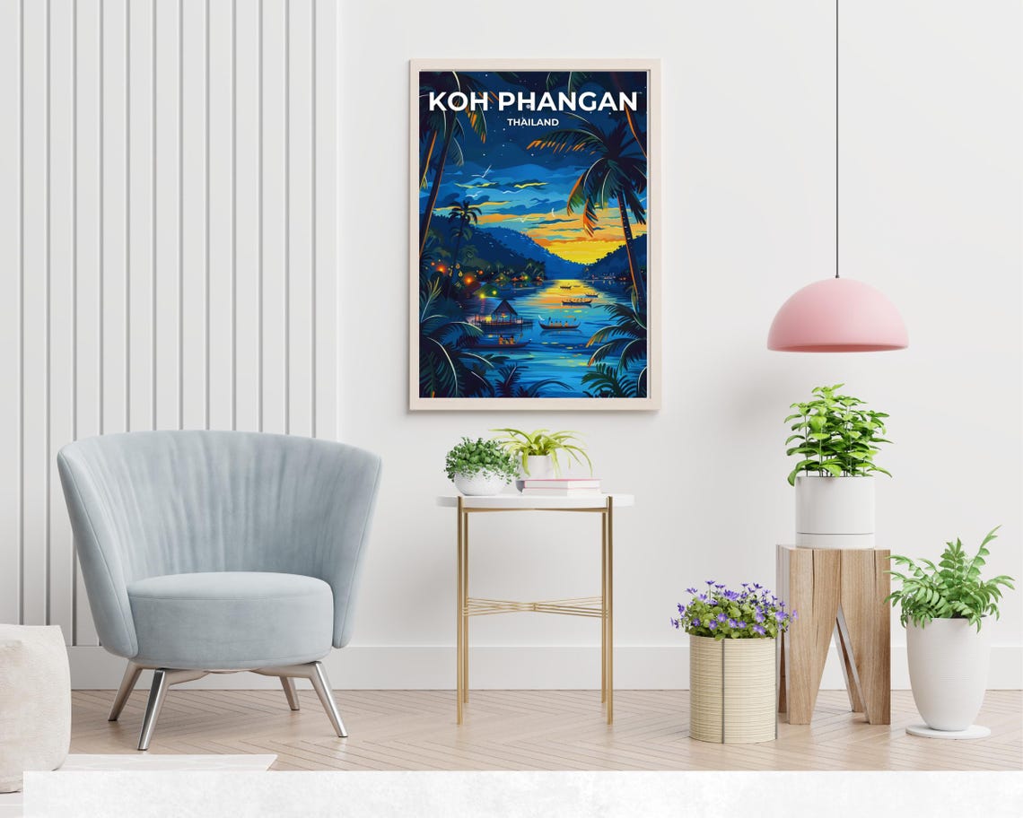 Koh Phangan Thailand Night Lagoon Boats Village Lights Poster - Image 2
