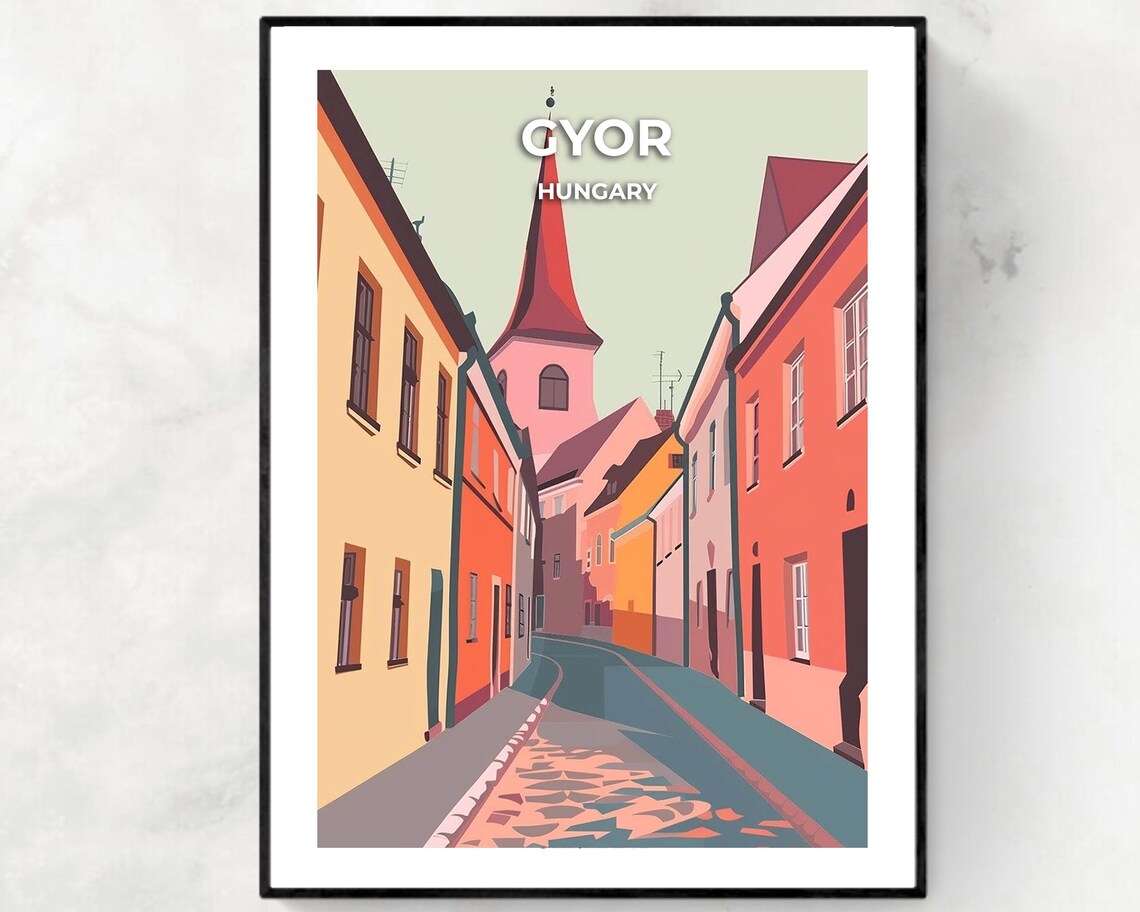 Gyor Hungary Cobbled Old Street Church Spire Baroque Travel Poster