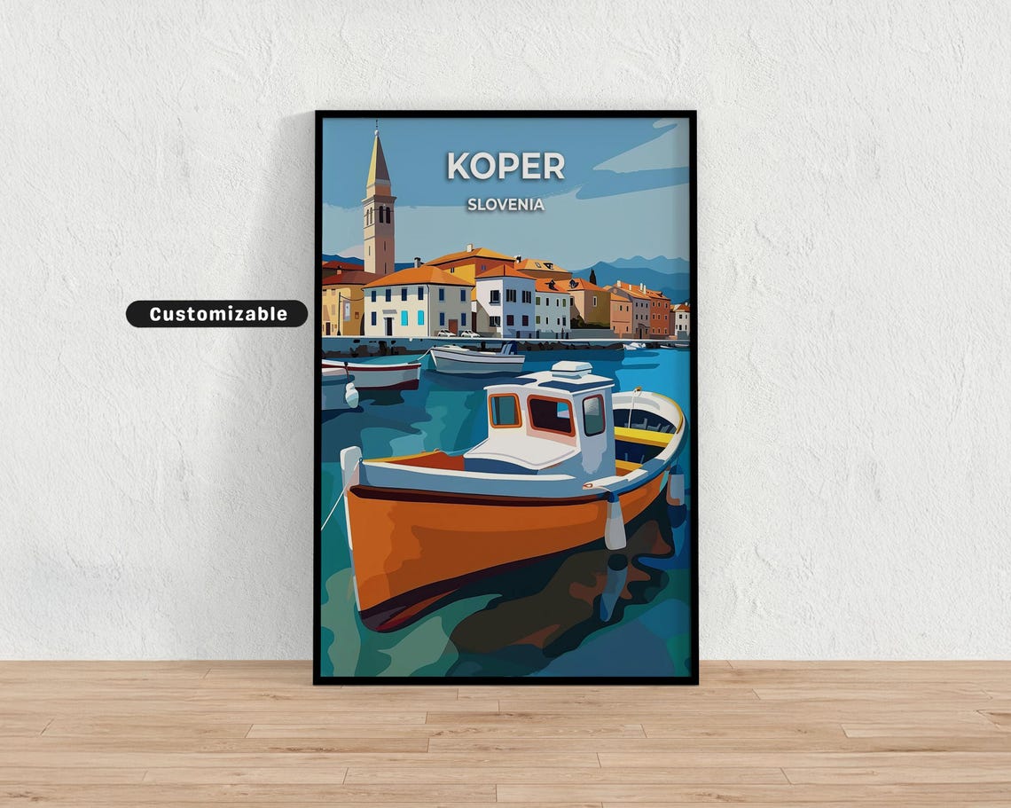 Koper Slovenia Fishing Boat Harbor Waterfront Vintage Travel Poster