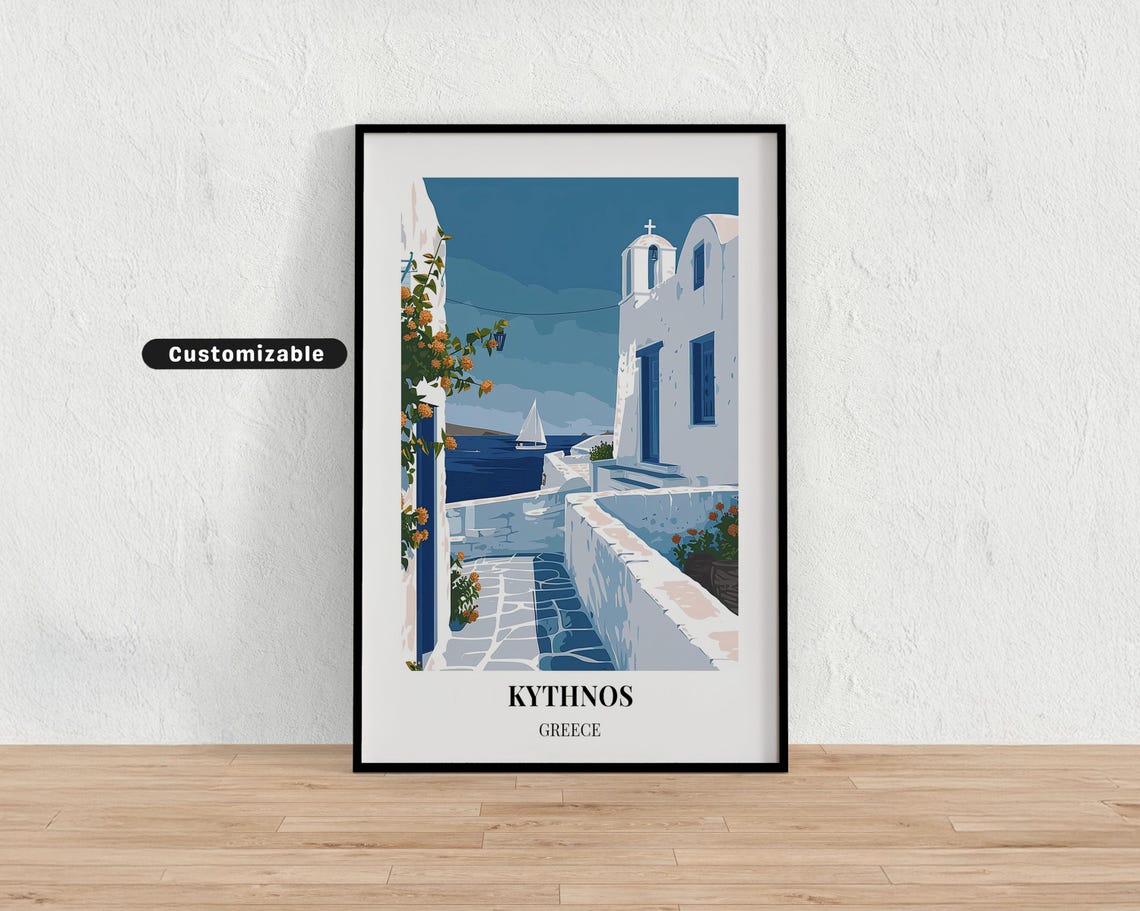 Kythnos Greece White Alley Chapel Sea View Cycladic Travel Poster