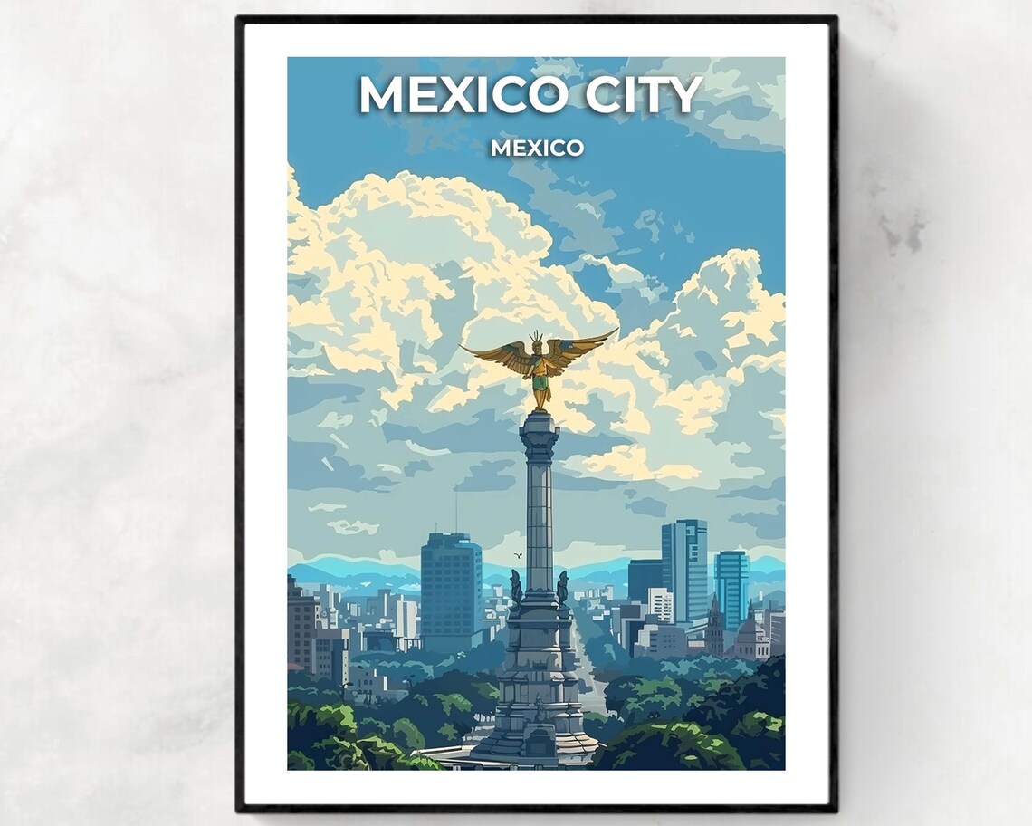 Mexico City Angel Of Independence Daytime Skyline Travel Poster