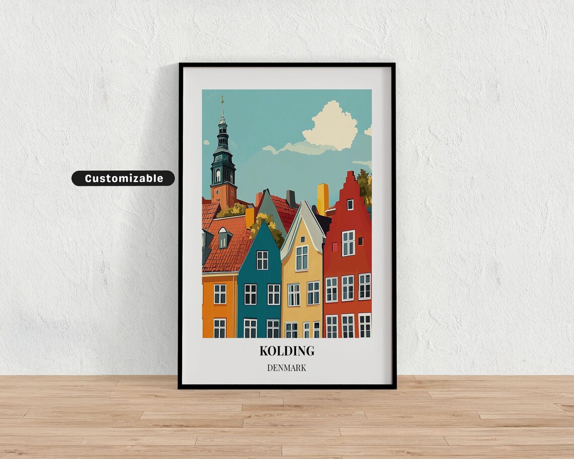 Kolding Denmark Colorful Waterfront Houses Church Tower Travel Poster