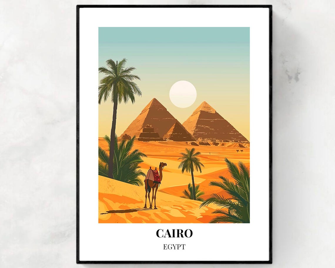 Cairo Egypt Pyramids Of Giza Camel Desert Oasis Sunset Travel Poster