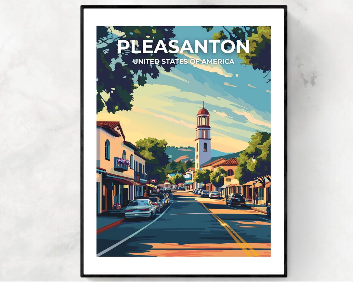 Pleasanton California Downtown Streetscape Tower View Travel Poster