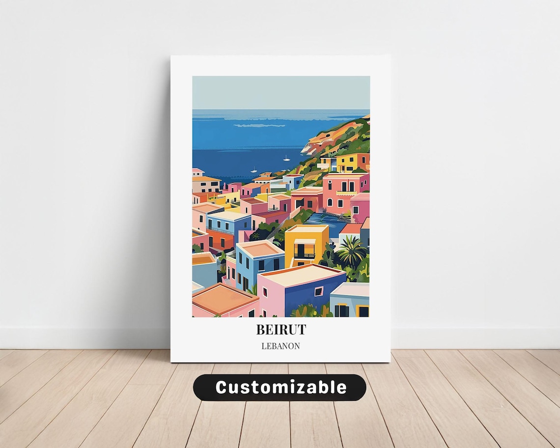 Beirut Lebanon Colorful Coastal Village Customizable Travel Poster