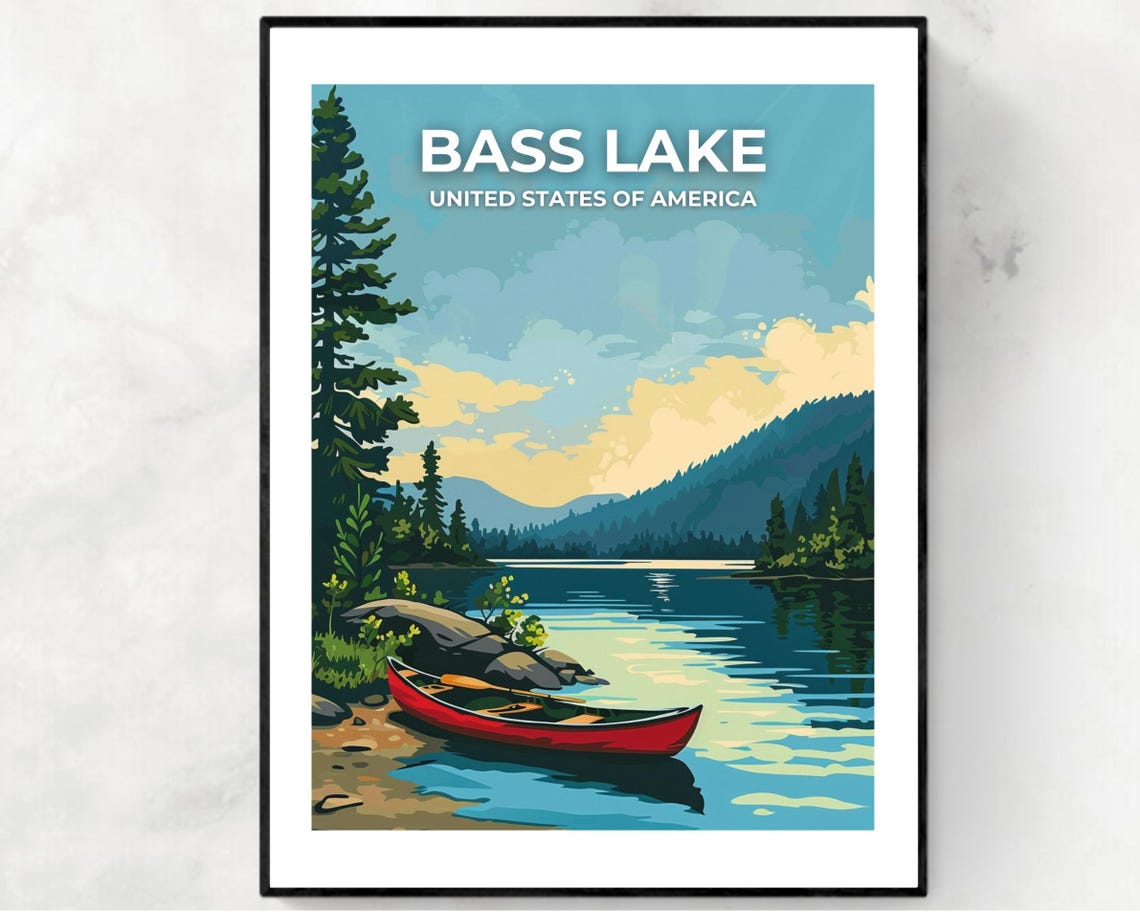 Bass Lake Canoe Shoreline Mountain Lake Sky Banner Travel Poster