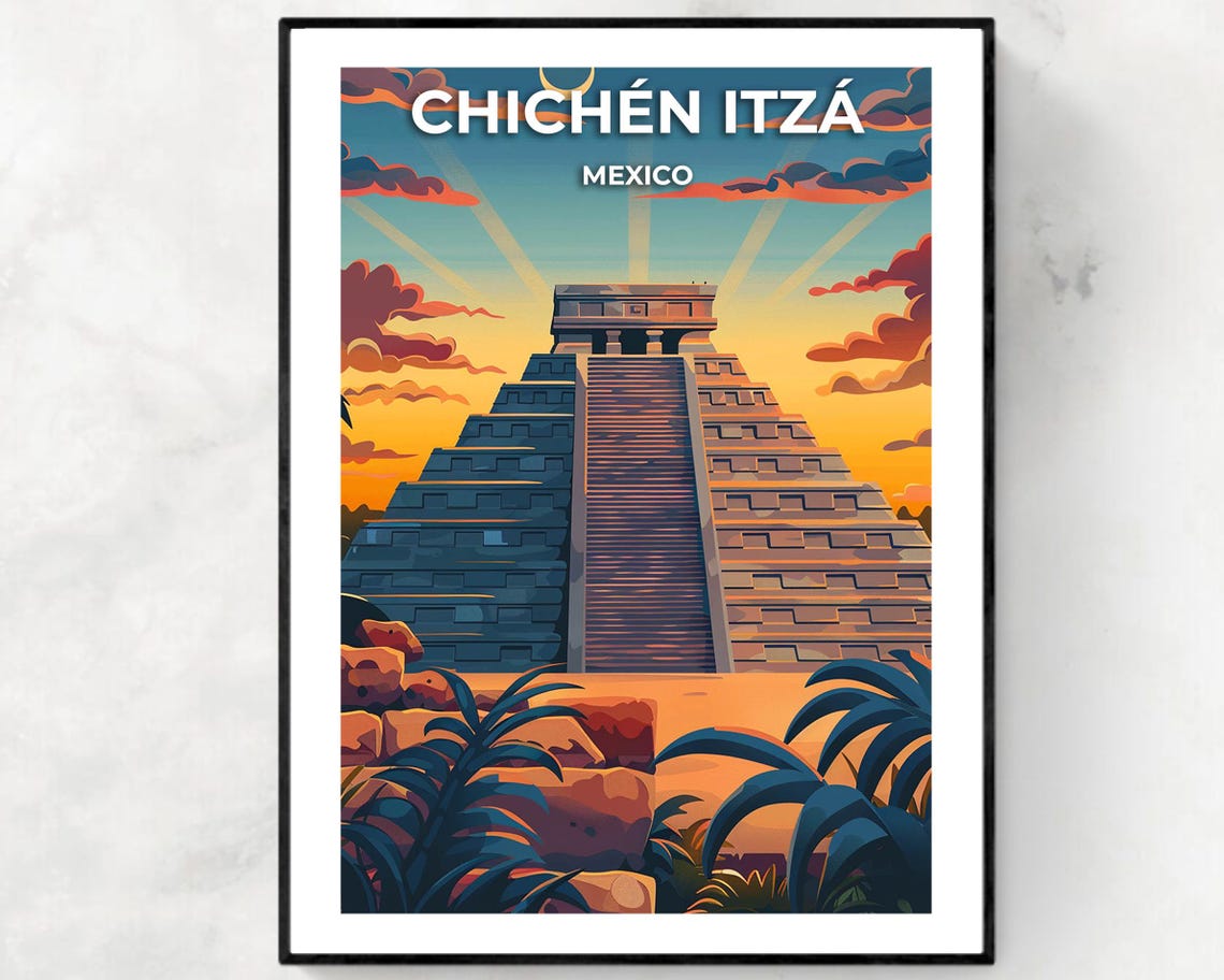 Chichén Itzá Mexico Ancient El Castillo Pyramid Fiery Sunset Poster