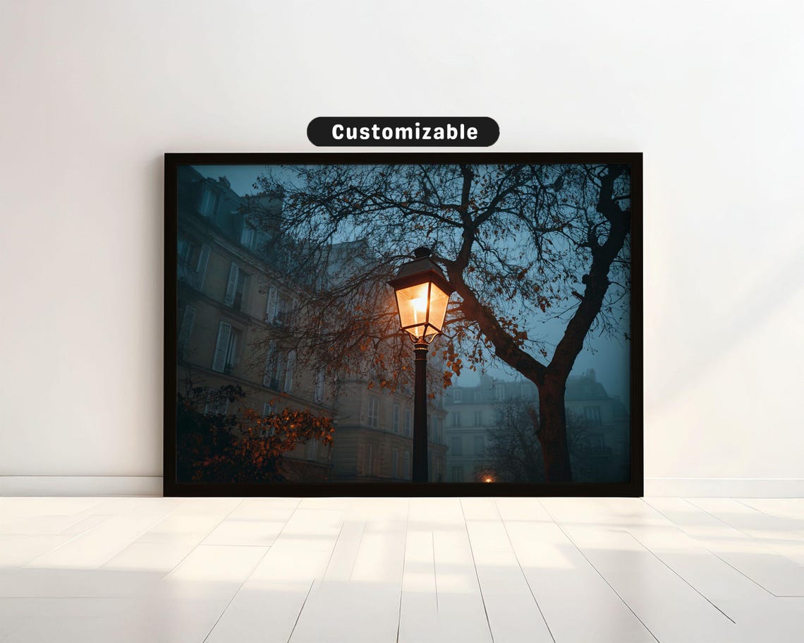 Parisian Streetlamp Glowing in Evening Fog Moody City Art Poster