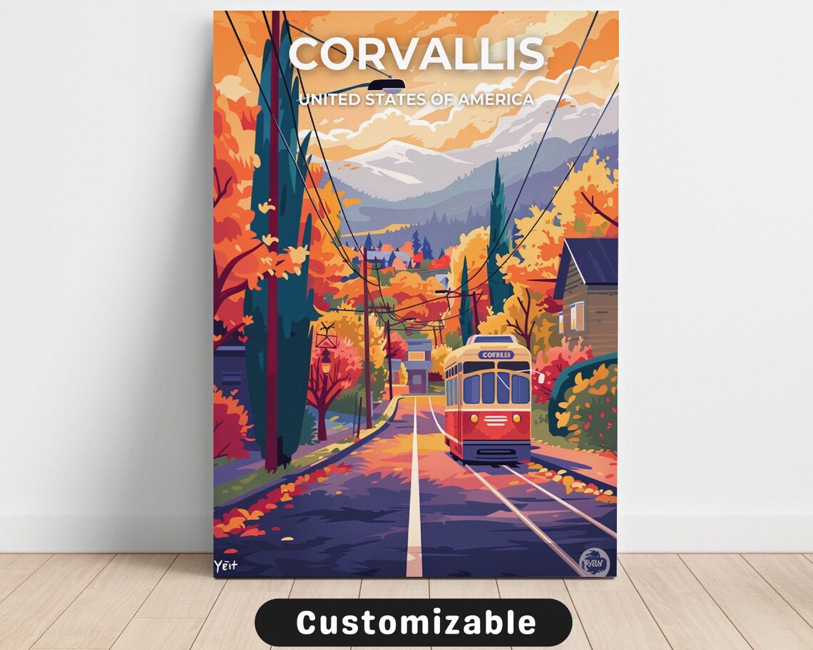 Corvallis Oregon Streetcar Autumn Mountains Travel Poster Art