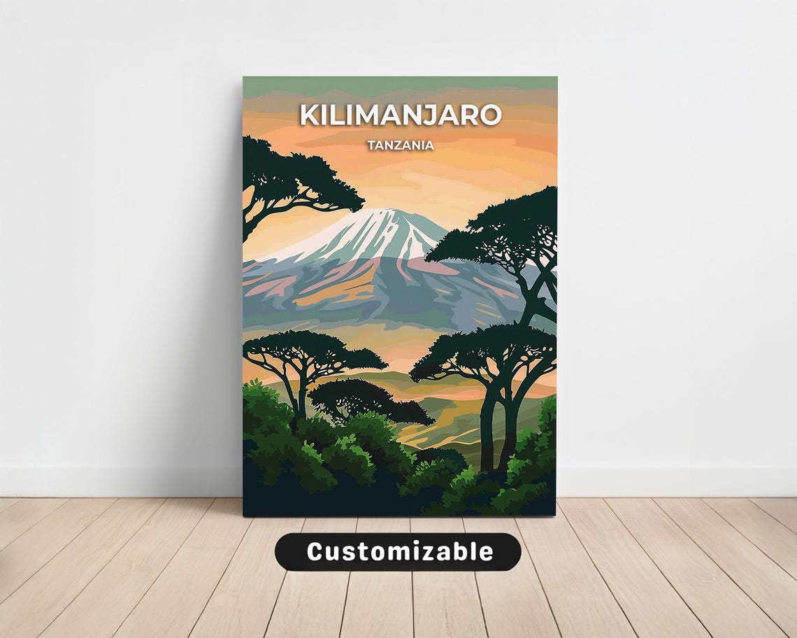 Kilimanjaro Tanzania Sunset Peak Acacia Silhouette Travel Poster