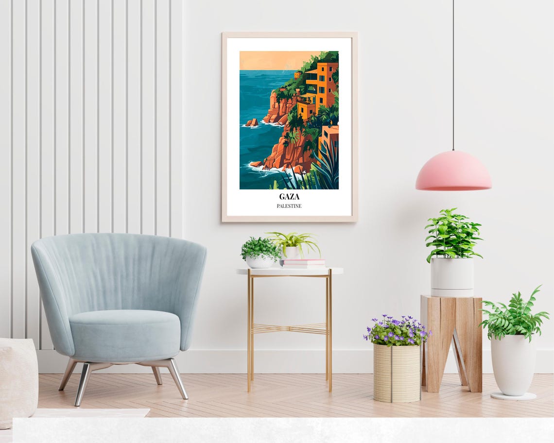 Gaza Sunlit Coastal Cliffs Colorful Houses Turquoise Sea Poster - Image 2