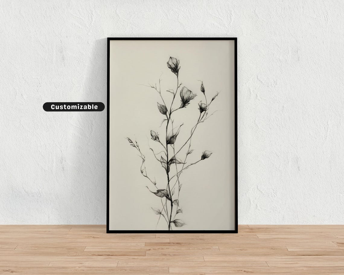 Earthy Botanical Ink Drawing Delicate Stems Neutral Art Poster