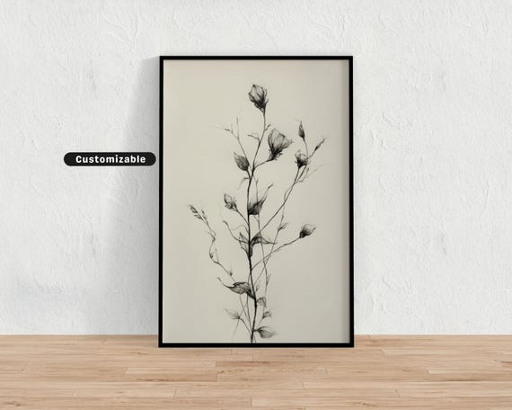 Earthy Botanical Ink Drawing With Delicate Stems Neutral Wall Art Print Minimalist Modern Decor