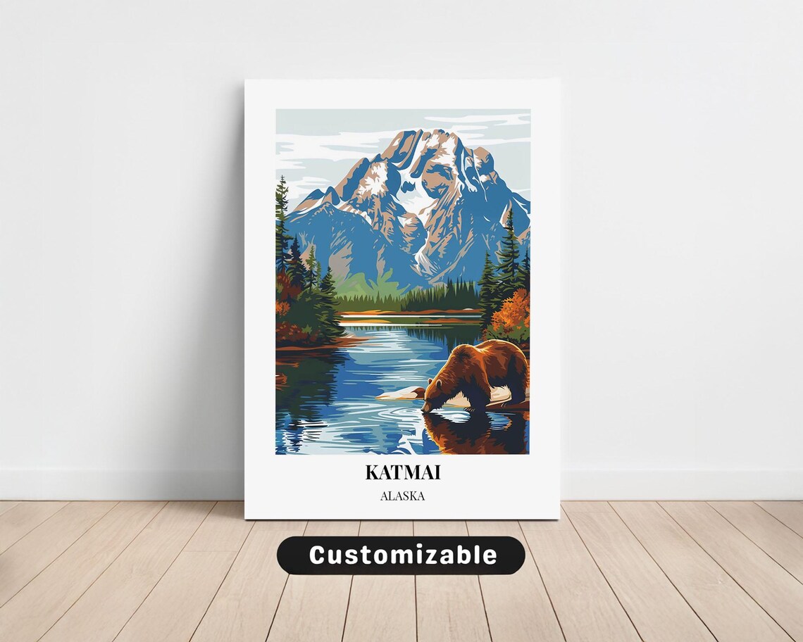 Katmai Alaska Bear Drinking Lake Mountain Reflection Travel Poster