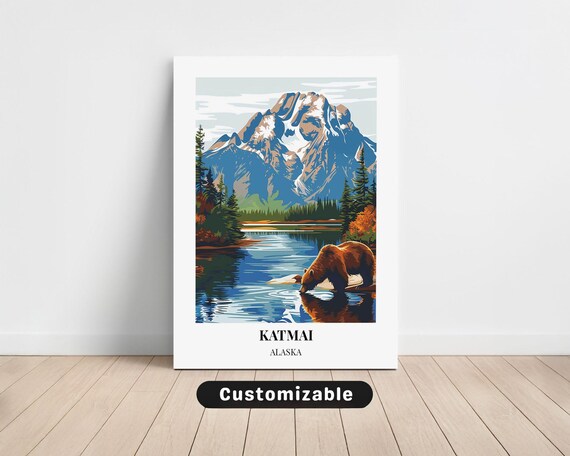 Katmai Alaska Bear Drinking Lake Mountain Reflection Travel Poster