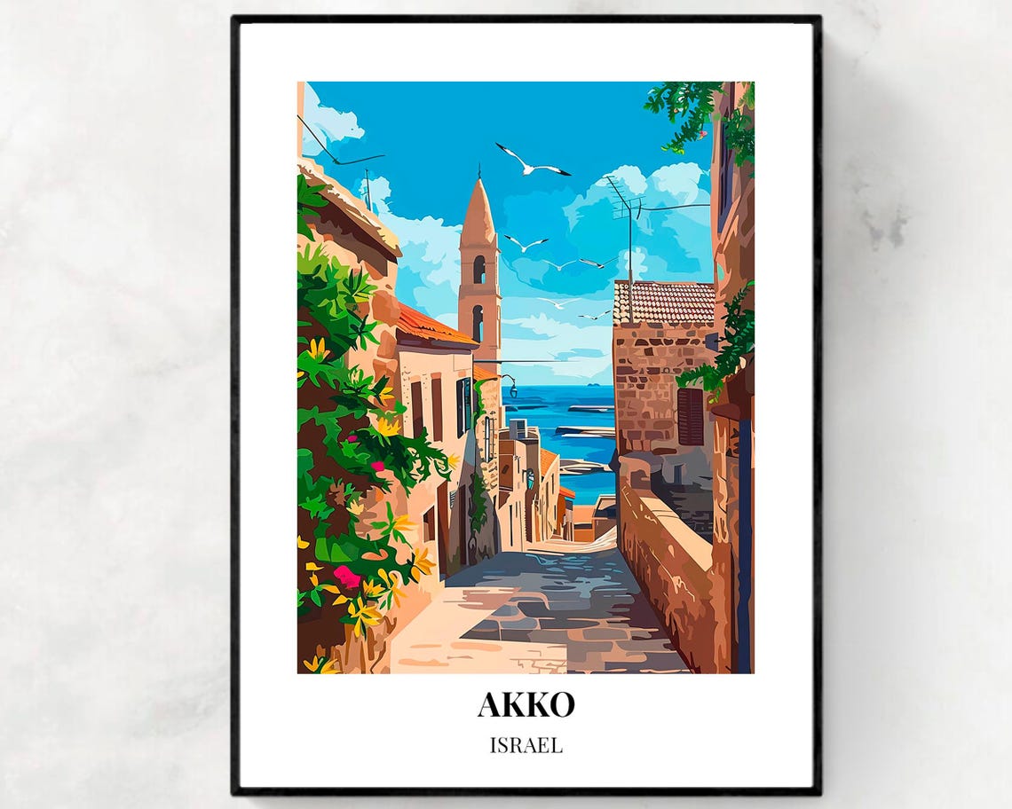 Akko Israel Old City Flower Lined Alley Bell Tower Sea View Poster