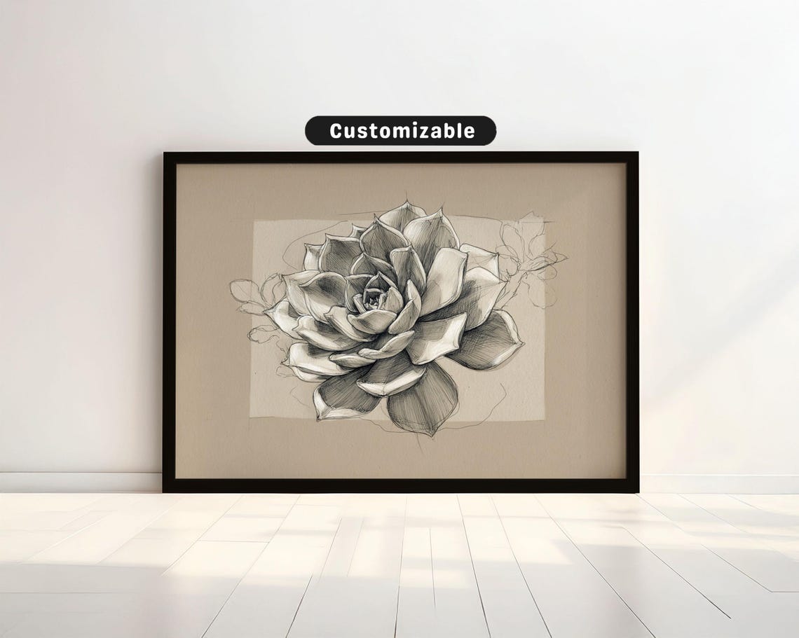 Monoline Succulent Sketch Neutral Framing Minimal Botanical Poster