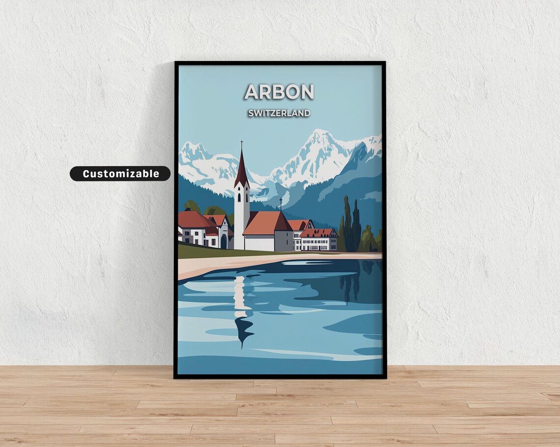 Arbon Switzerland Lakeside Church Alpine Lake Scenic Travel Poster