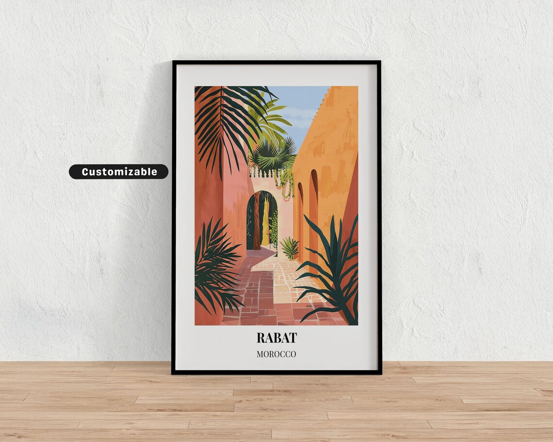 Rabat Morocco Orange Alley Travel Poster with Palm Trees Art