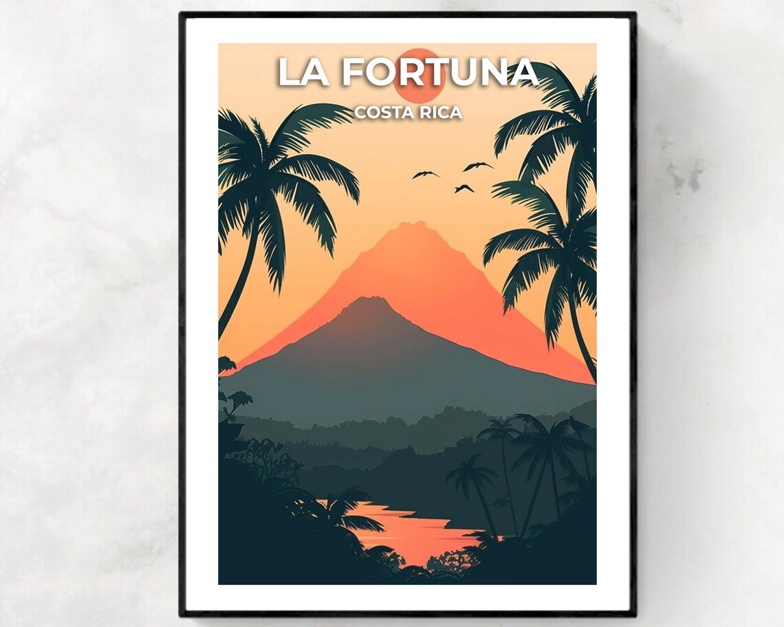 La Fortuna Costa Rica Sunset Volcano with Palm Trees Tropical Poster