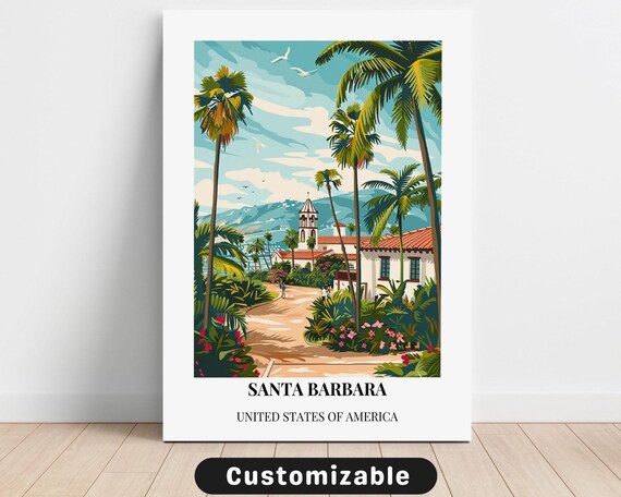 Santa Barbara Palm Courtyard Sunny California Coast Travel Poster