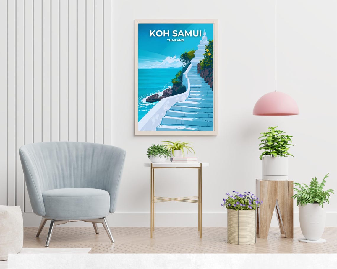 Koh Samui Thailand White Steps Cliff Buddha Turquoise Sea Poster - Image 2