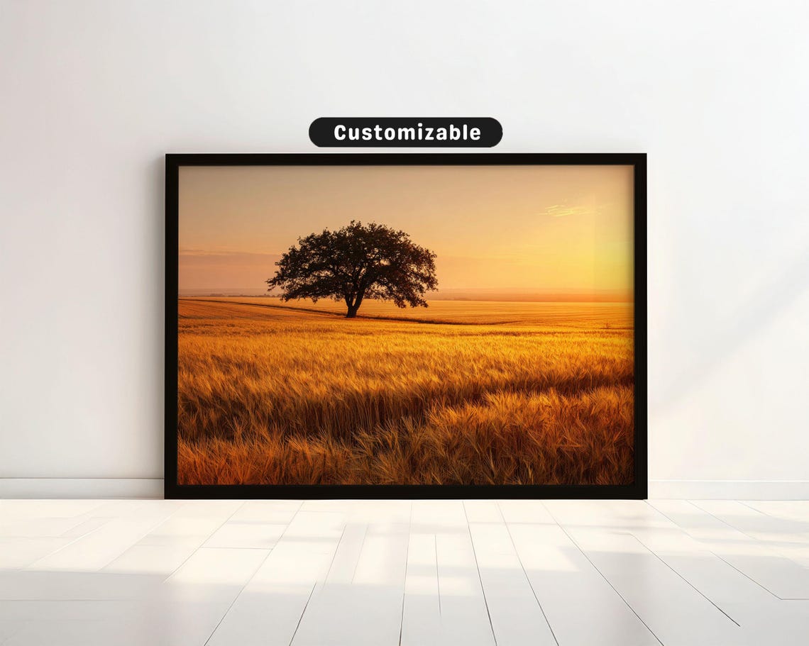 Golden Wheat Field With Lone Oak Tree At Sunrise Nature Print