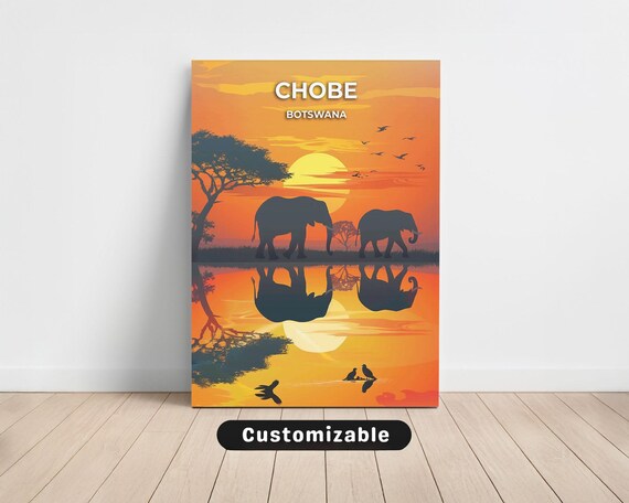 Chobe Botswana Elephant Silhouettes Sunset Mirror Reflection Poster