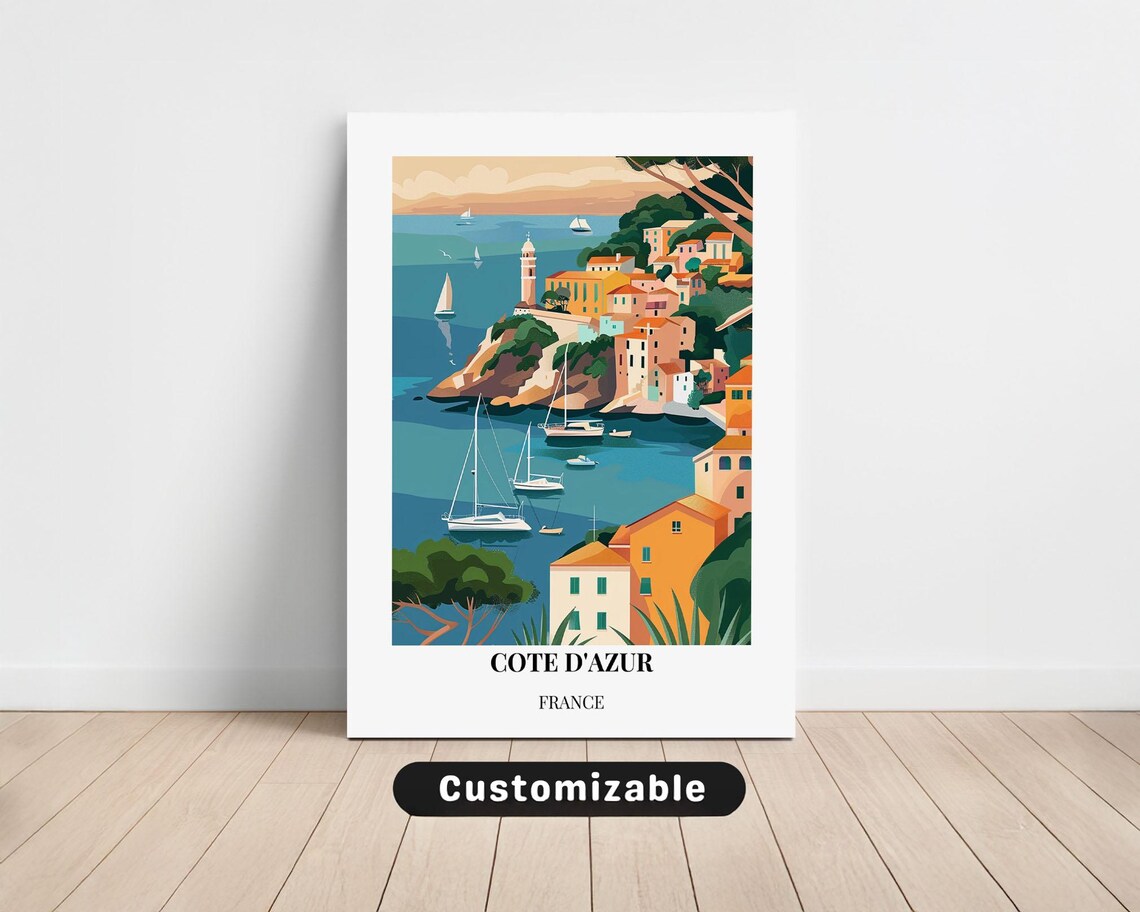 Cote D'Azur France Riviera Harbor Sailboats Vintage Travel Poster
