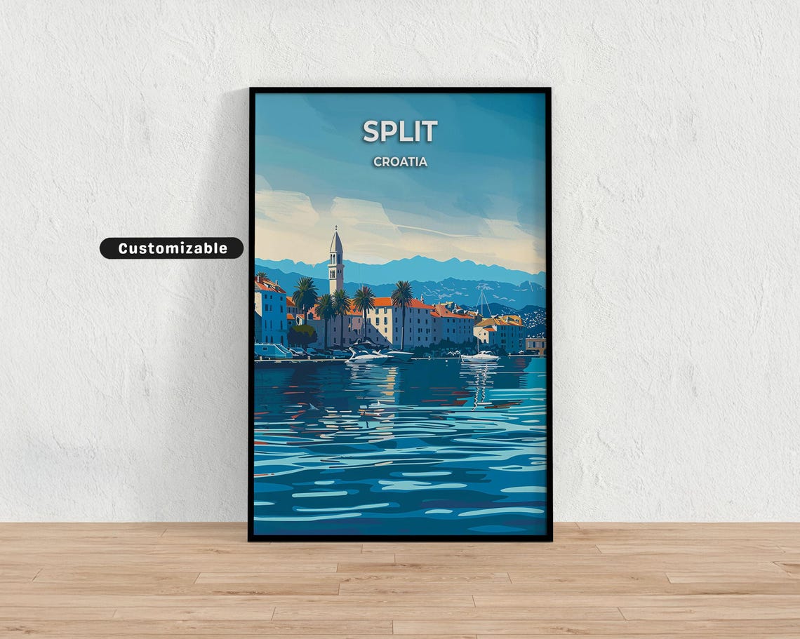 Split Croatia Blue Harbor Waterfront Classic Vintage Travel Poster