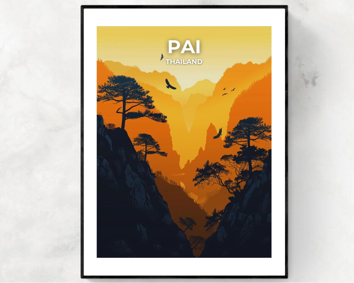 Pai Thailand Golden Mountain Valley Birds Vintage Travel Poster
