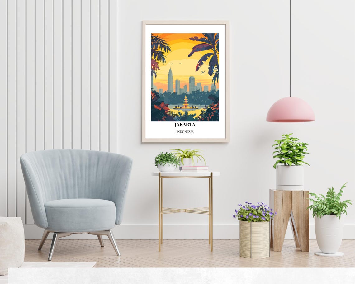 Jakarta Indonesia City Skyline Sunset Through Palm Trees Travel Poster - Image 2