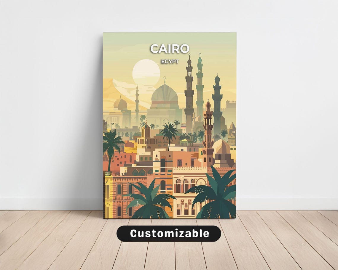 Cairo Egypt Mosque Domes Palm Trees Sunny Cityscape Travel Poster