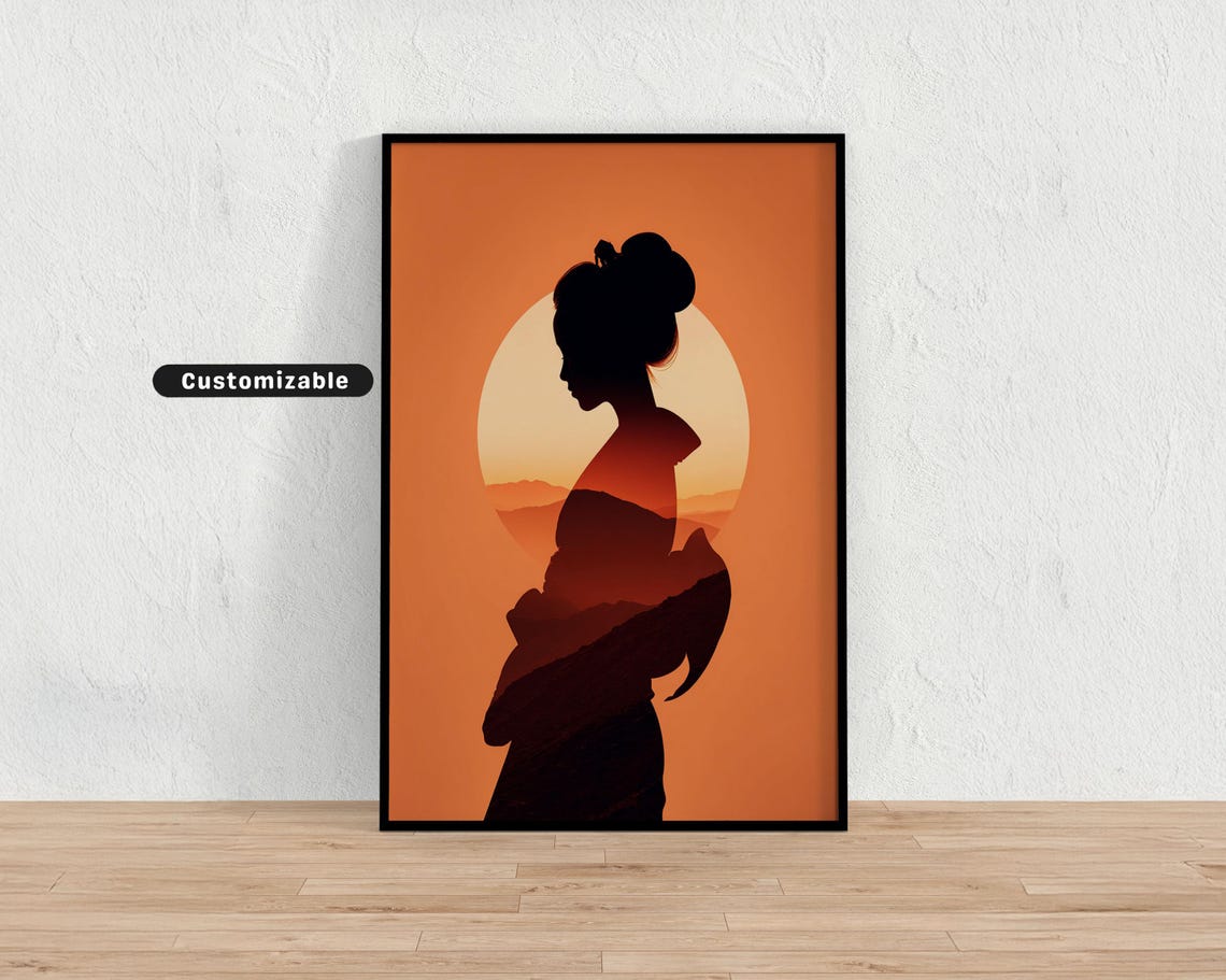 Geisha Profile Silhouette Mountain Sunset Japanese Art Poster