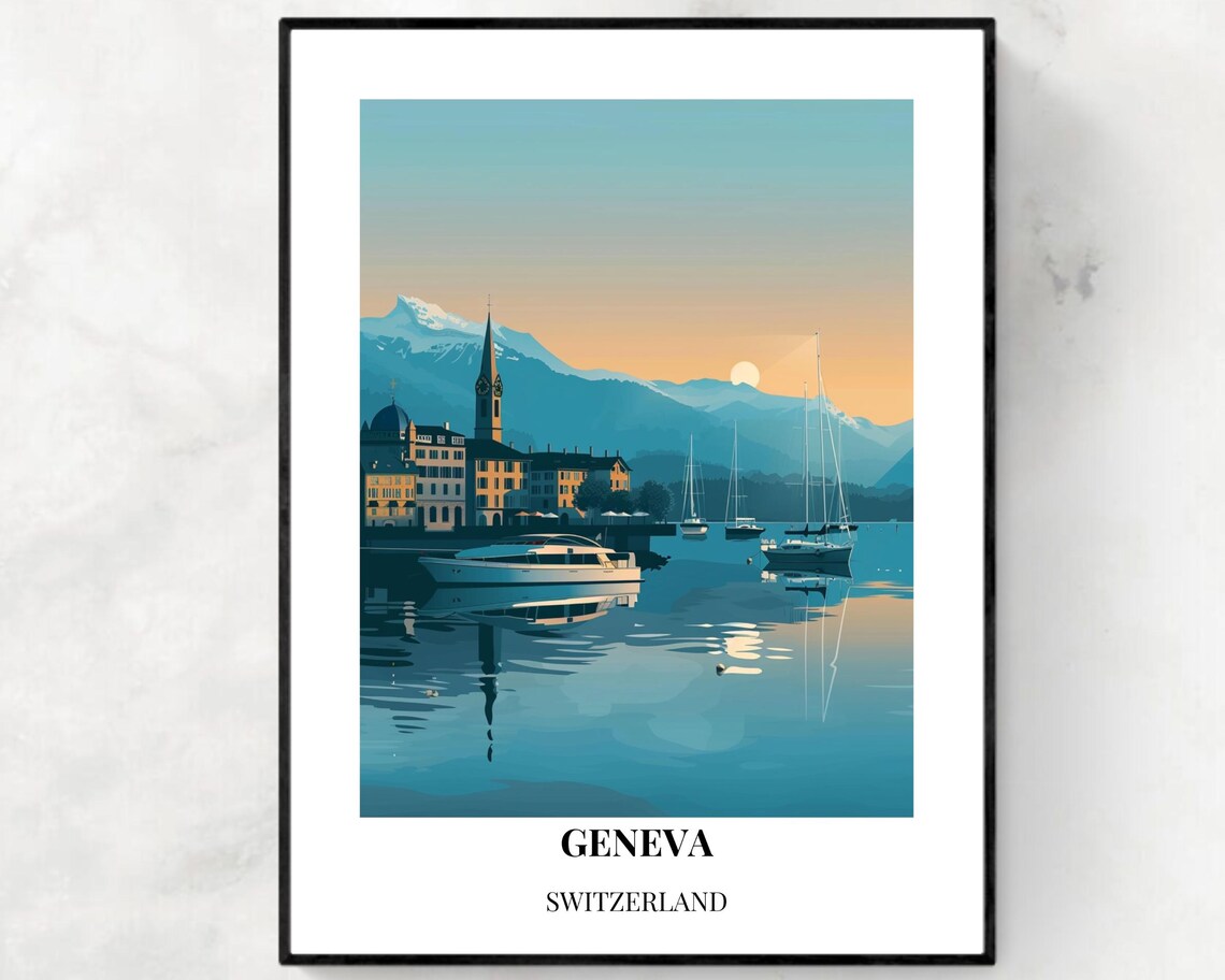 Geneva Switzerland Harbor Sunset Mountain Lake Travel Poster