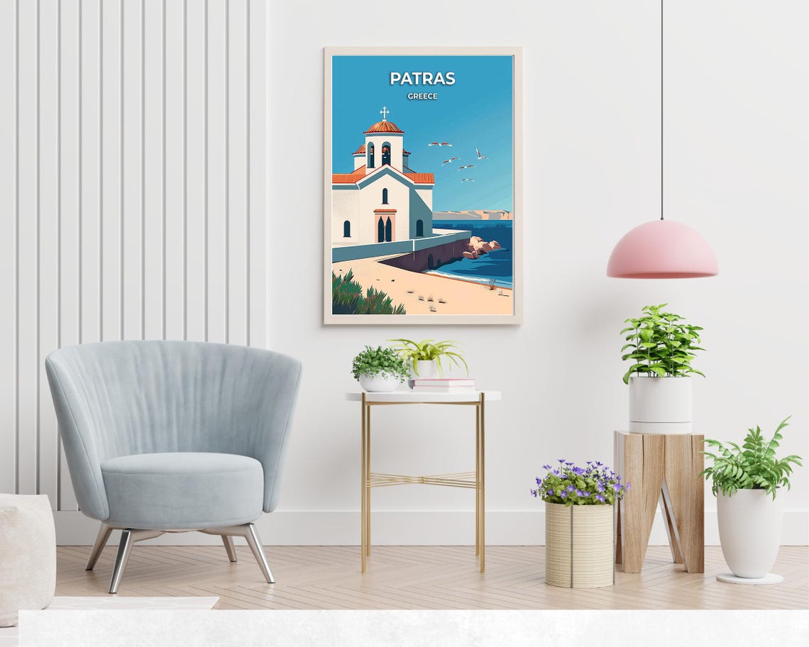 Patras Greece White Seaside Chapel Seagulls Blue Coast Travel Poster - Image 2
