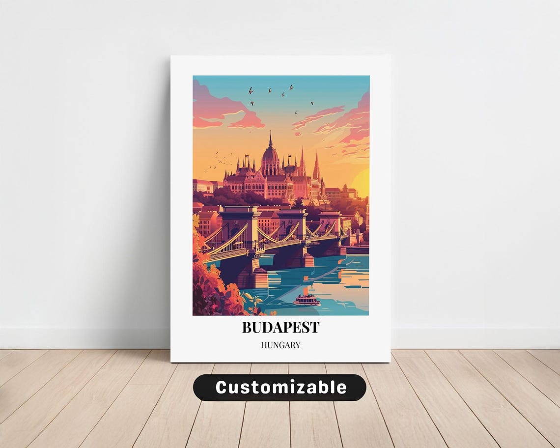 Budapest Hungary Parliament Chain Bridge Sunset Travel Poster