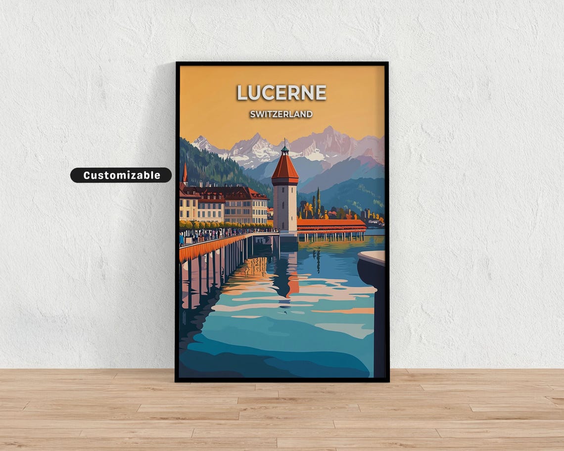 Lucerne Chapel Bridge Sunset Reflection Switzerland Lake Travel Poster
