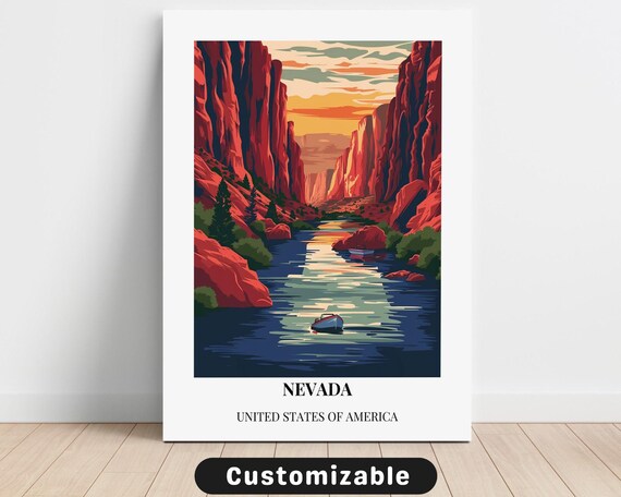 Nevada Red Rock Canyon River Scenic Sunset Vintage Travel Poster